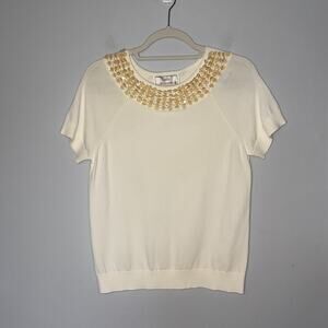 Lisa International Vintage Beaded Short Sleeve Sweater Size Large Ivory Pearls